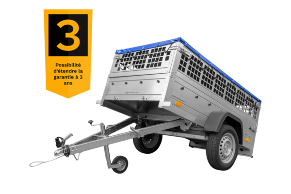 200×106 Gitteranhänger mit blauer Flachplane, Gitterwänden und Stützrad – Garden Trailer 200 KIPP